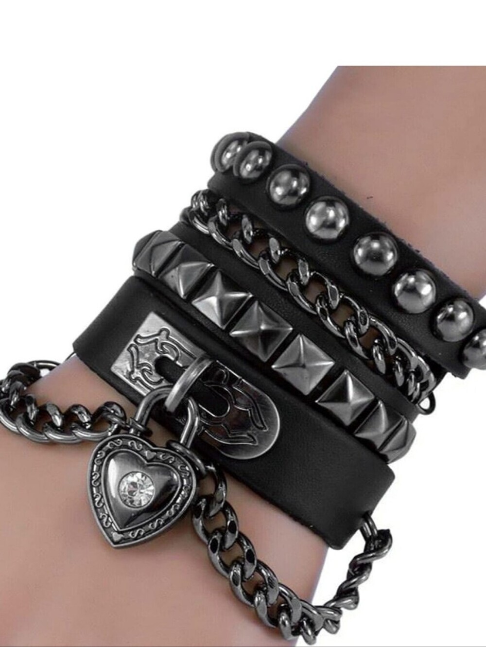 Black Multi-Layer Studded & Chain Leather Bracelet with Heart Lock